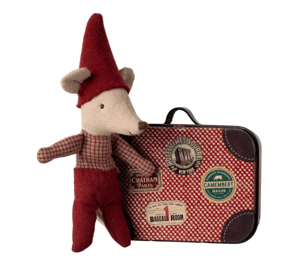 Topo Bebè Natalizio Maileg con valigia a fianco