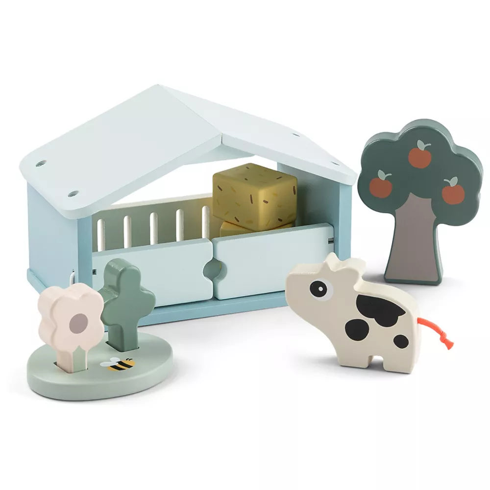 Set Gioco in Legno Mucca Done by Deer con mucca fuori dalla stalla