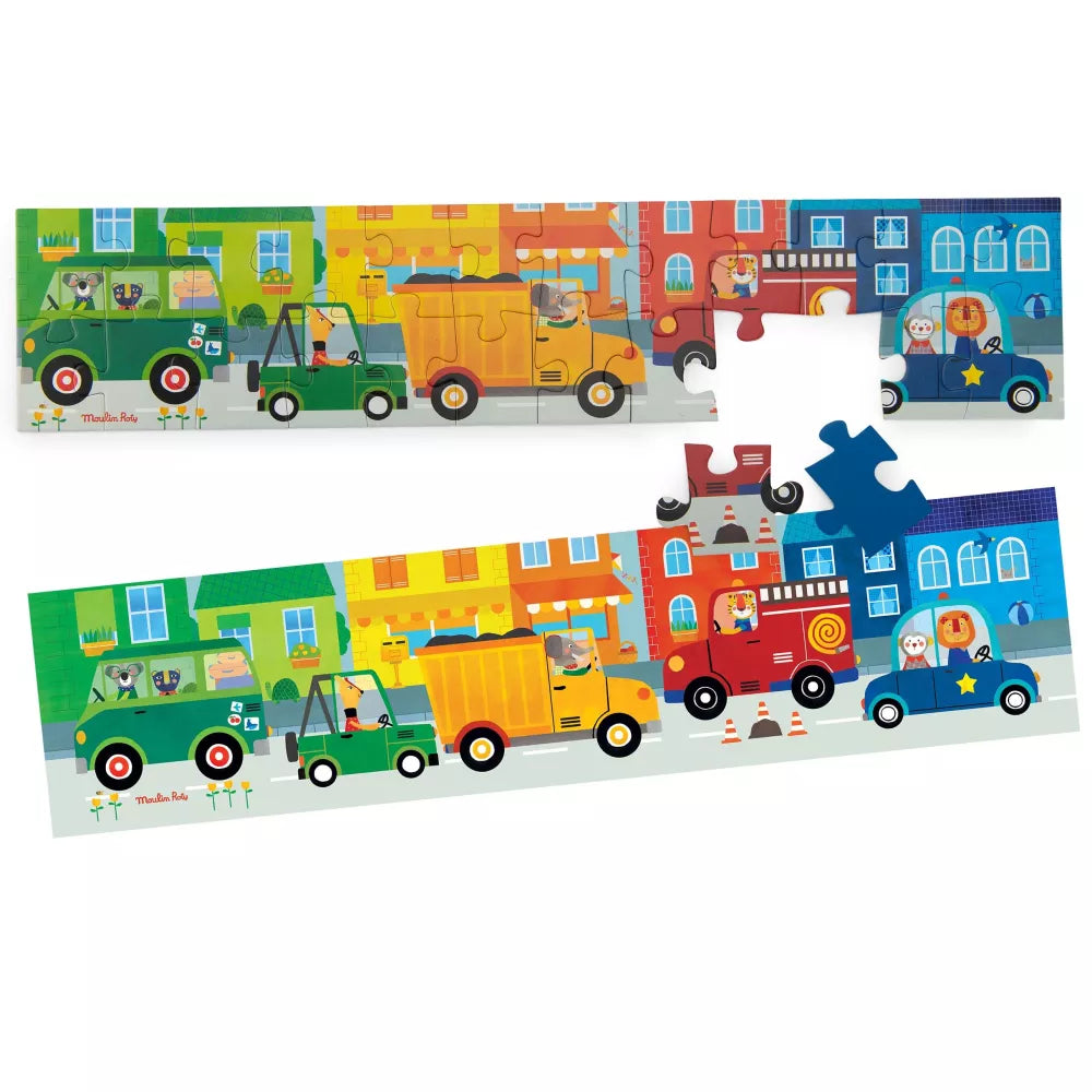 Puzzle Veicoli Moulin Roty 24 pz con poster d'esempio