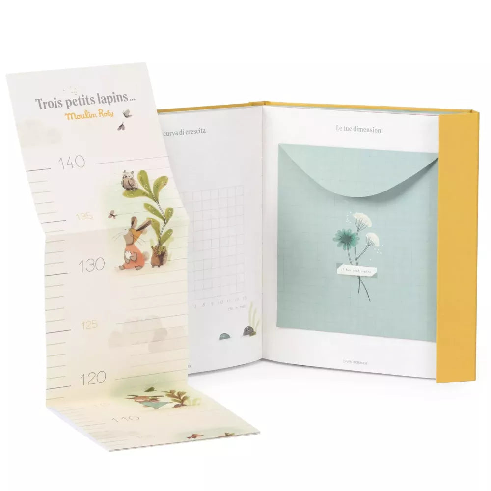 Libro Nascita Moulin Roty Trois Petits Lapins con metro incluso