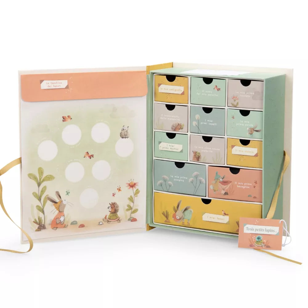 Cofanetto Nascita Moulin Roty Trois Petits Lapins aperto