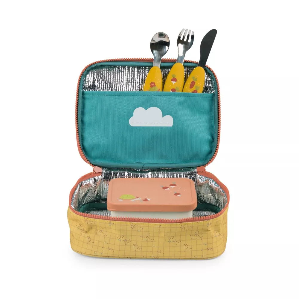 Porta Pranzo Termico Moulin Roty Trois Petits Lapins aperto con posate e porta merenda