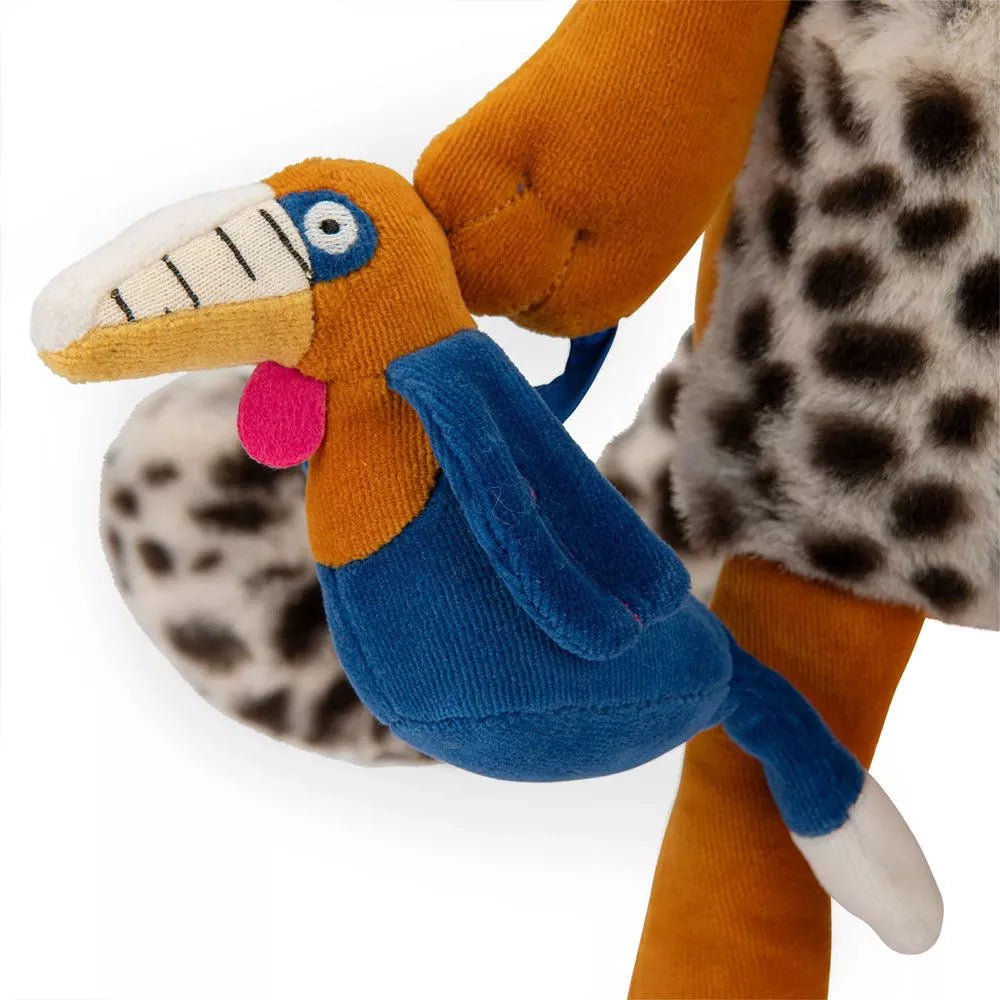 Dettaglio del Calao di peluche incluso con il Peluche Grande Leopardo Taigo Attività Moulin Roty