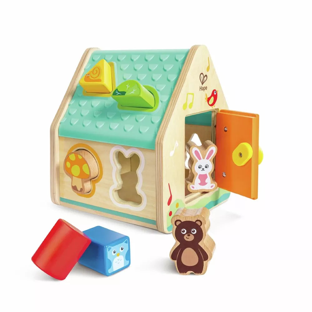 Casa delle Forme in Legno Hape con porta aperta