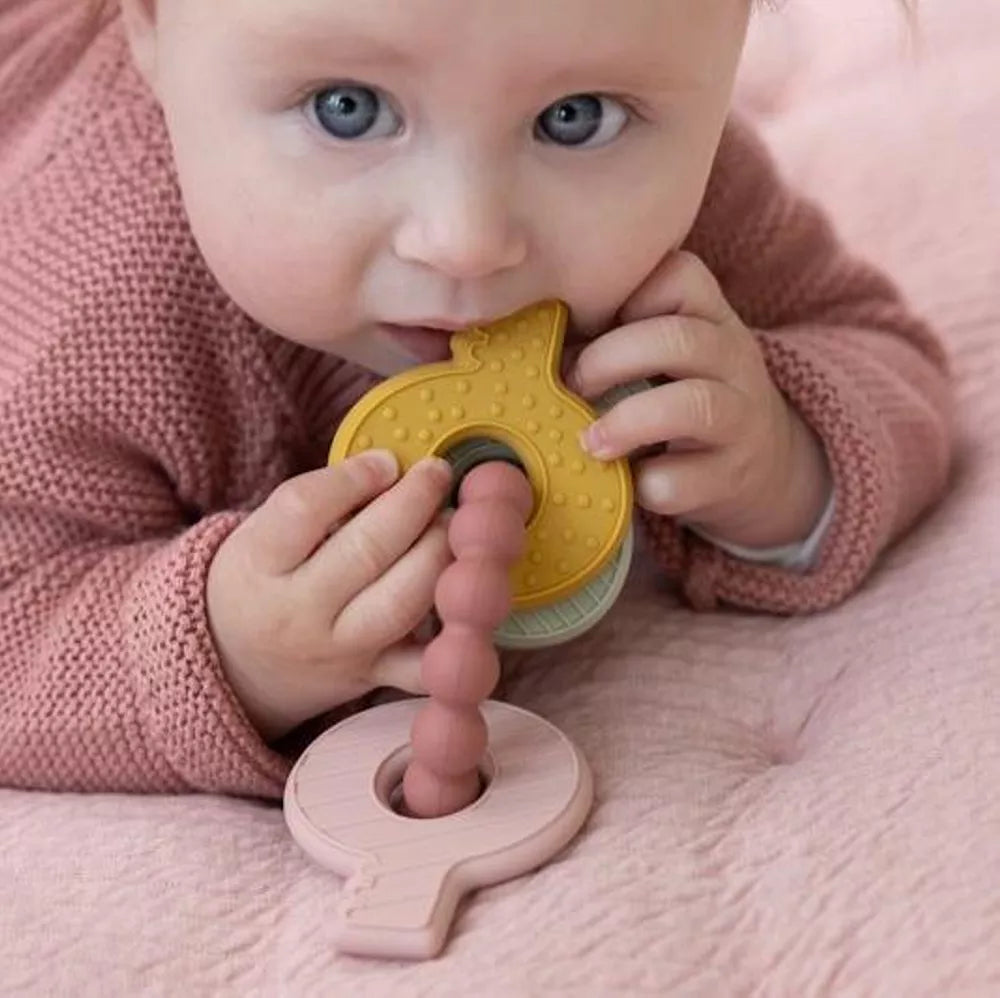 Bambina morde le Chiavi da Dentizione Rosa Little Dutch