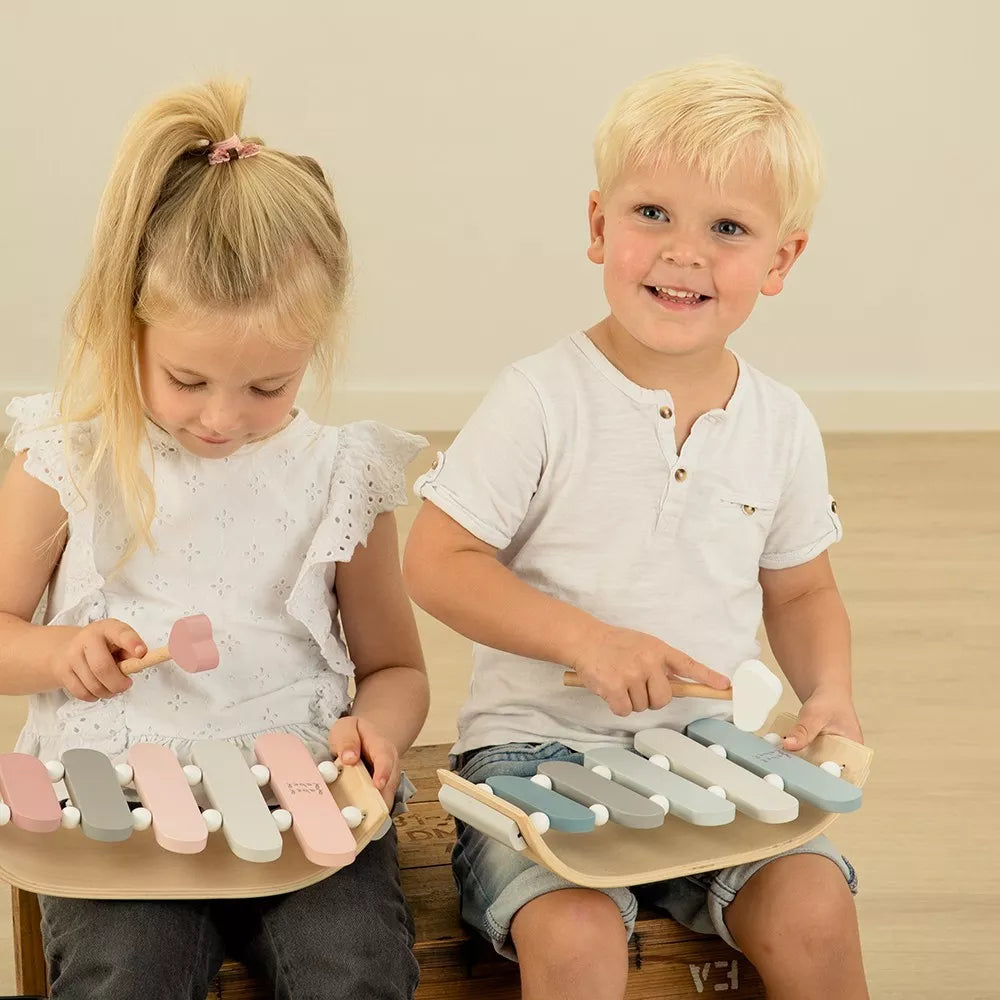 Bambino suona lo Xilofono in Legno Label Label blu