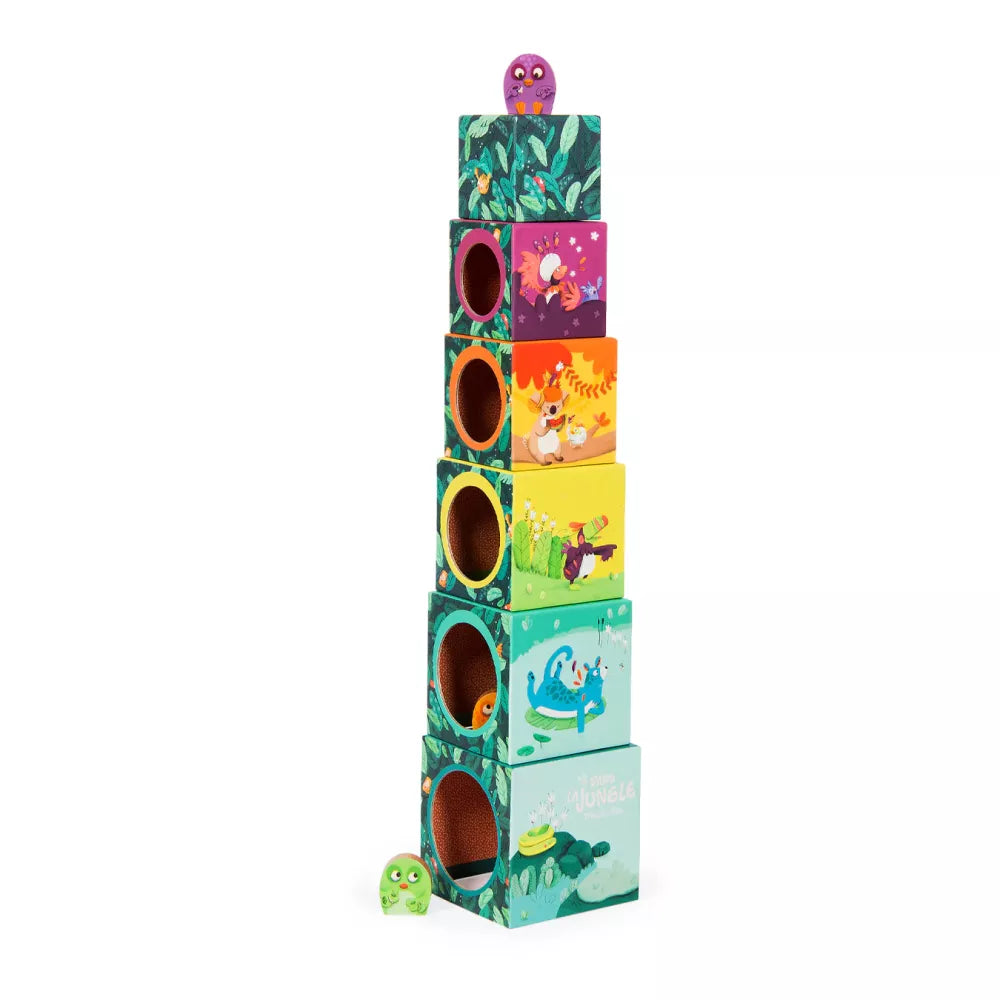 Torre di Cubi Impilabili Moulin Roty Dans la Jungle con personaggio in legno in cima