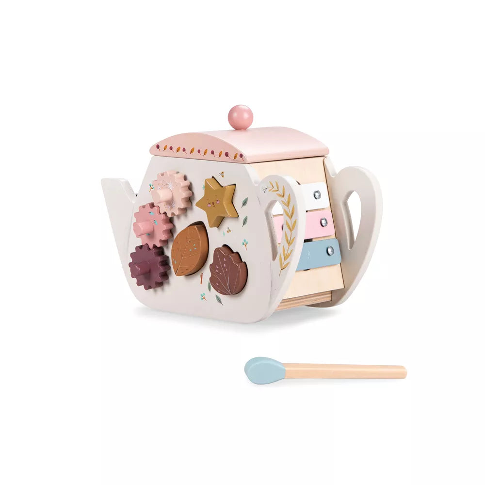 Teiera Attività in Legno Moulin Roty vista sul retro con bacchetta