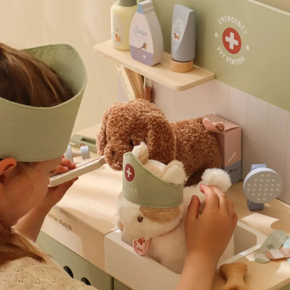 Bambina gioca a lavare il gattino con il Banco da Veterinario in Legno Little Dutch